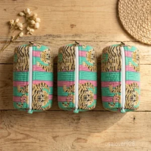 Set of 3 Multicolor Quilted Toiletry Bag Set nesting configuration showing the traditional block print artisan design and secure zipper lines.