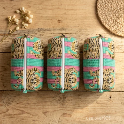 Set of 3 Multicolor Quilted Toiletry Bag Set nesting configuration showing the traditional block print artisan design and secure zipper lines.