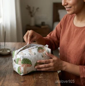 Set of 3 Mushroom Print Quilted Cosmetic Bags nesting set showing the traditional green cottagecore design and secure zipper lines with accent beads and tassels.