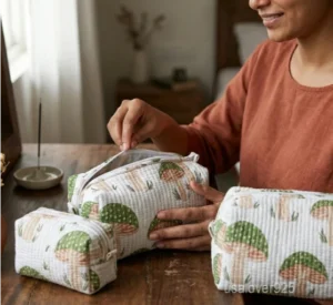 Set of 3 Mushroom Print Quilted Cosmetic Bags nesting set showing the traditional green cottagecore design and secure zipper lines with accent beads and tassels.