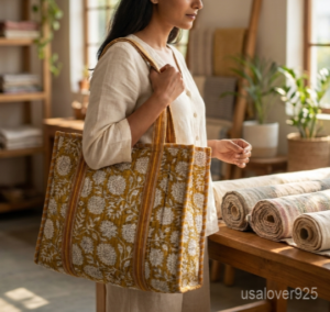 Mustard Floral Shoulder Tote Bag showing the traditional hand block print artisan design with the open-top compartment and reinforced double shoulder handles.