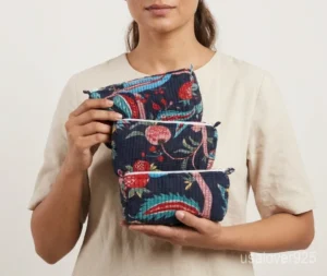 Close-up of the handcrafted navy blue botanical print detailing, dense vertical quilted stitching rows, waterproof internal plastic lining, long-profile layout, and built-in inside slots on an Indian cotton cosmetic caddy pouch.