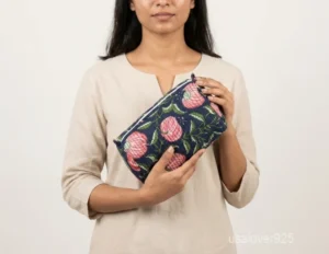 Close-up of the handcrafted crisp floral print detailing, dense vertical quilted stitching rows, waterproof internal plastic lining, long-profile layout, and built-in inside slots on an Indian cotton cosmetic caddy pouch.