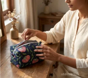 Set of 3 Navy Blue Floral Quilted Cotton Toiletry Bags nesting set showing the traditional deep blue artisan design and secure zipper fastenings.