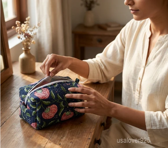 Set of 3 Navy Blue Floral Quilted Cotton Toiletry Bags nesting set showing the traditional deep blue artisan design and secure zipper fastenings.