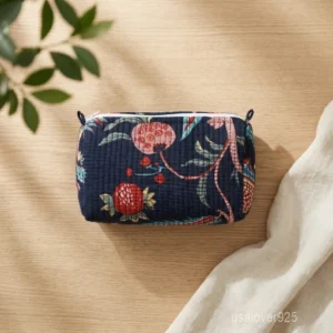 Set of 3 Navy Blue Floral Quilted Cotton Toiletry Bags nesting set showing the traditional deep blue artisan design and secure zipper fastenings.