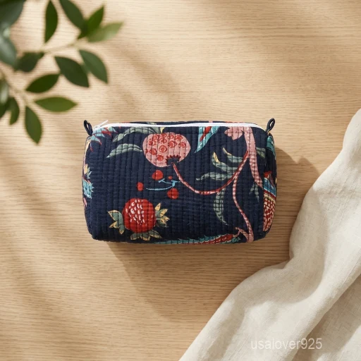 Set of 3 Navy Blue Floral Quilted Cotton Toiletry Bags nesting set showing the traditional deep blue artisan design and secure zipper fastenings.