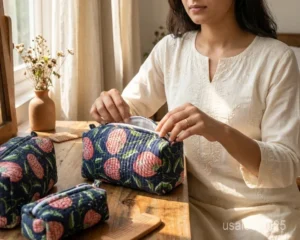 Set of 3 Navy Blue Floral Quilted Cotton Toiletry Bags nesting set showing the traditional deep blue artisan design and secure zipper fastenings.