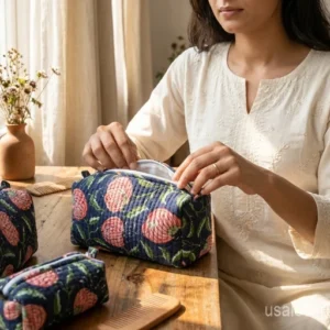 Set of 3 Navy Blue Floral Quilted Cotton Toiletry Bags nesting set showing the traditional deep blue artisan design and secure zipper fastenings.