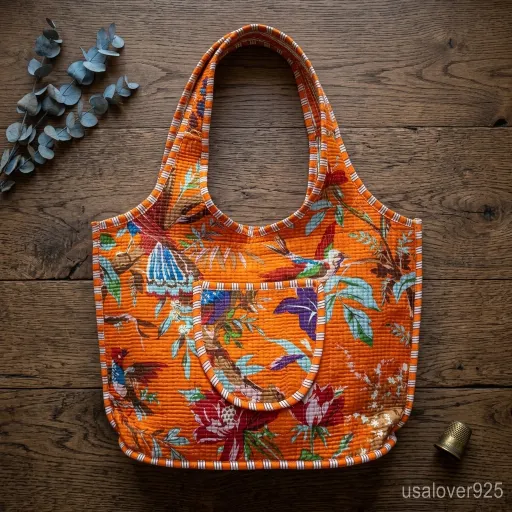Woman walking through the city carrying an Orange Bird Print Quilted Cotton Tote Bag packed with a laptop and books.