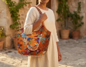 Orange Bird Print Quilted Cotton Tote Bag with comfortable over-the-shoulder straps featuring an ethnic orange bird print.