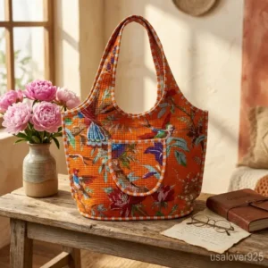 Close-up of intricate hand-block printing patterns and high-quality top zipper on an Orange Bird Print Quilted Cotton Tote Bag.