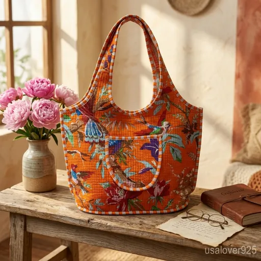 Close-up of intricate hand-block printing patterns and high-quality top zipper on an Orange Bird Print Quilted Cotton Tote Bag.