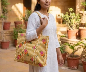 Orange Floral Block Print Quilted Cotton Tote Bag showing the traditional hand block flower print layout.