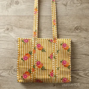 Orange Floral Block Print Quilted Cotton Tote Bag showing the traditional hand block flower print layout.