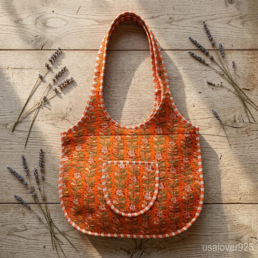 Woman walking through the city carrying a Tiger Print Orange Quilted Boho Tote packed with a laptop and books.