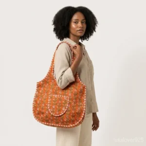 Tiger Print Orange Quilted Boho Tote with comfortable over-the-shoulder straps featuring an ethnic wild animal print.