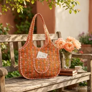 Close-up of bold orange tiger print fabric pattern and high-quality secure metal zipper on a Tiger Print Orange Quilted Boho Tote.