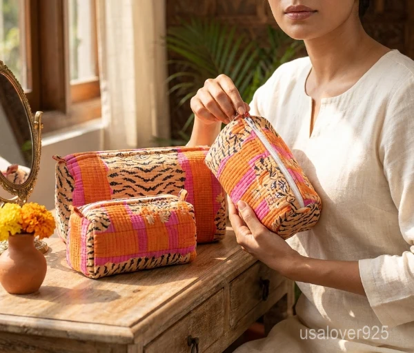 Close-up of the handcrafted orange floral print detailing, dense vertical quilted stitching rows, waterproof internal plastic lining, and built-in inside slots on an Indian cotton cosmetic caddy pouch.