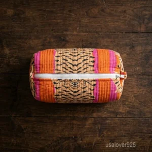 Set of 3 Orange Floral Quilted Cotton Toiletry Bags nesting set showing the traditional citrus artisan design and secure zipper fastenings.