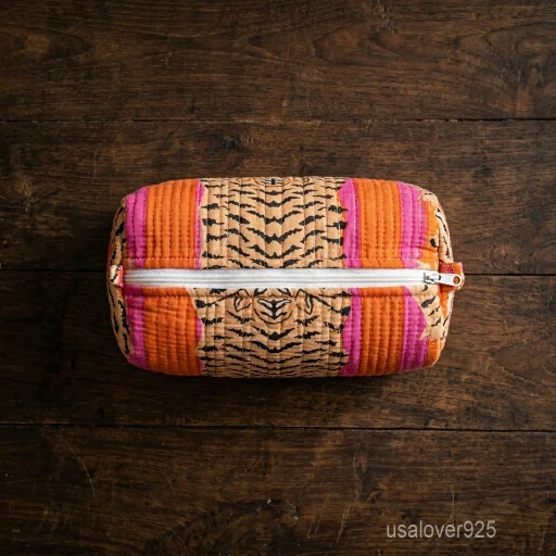 Set of 3 Orange Floral Quilted Cotton Toiletry Bags nesting set showing the traditional citrus artisan design and secure zipper fastenings.
