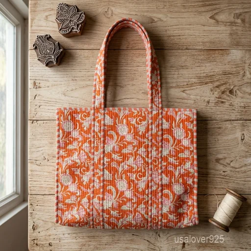 A person carrying a large Orange Floral Quilted Cotton Tote Bag comfortably over their shoulder during a sunny weekend travel trip.