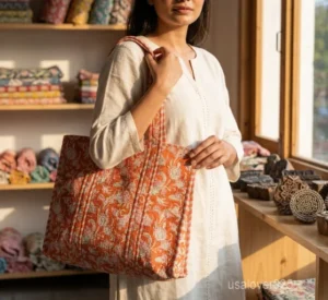 Orange Floral Quilted Cotton Tote Bag with comfortable shoulder handles showing the vibrant pink and white block print design.