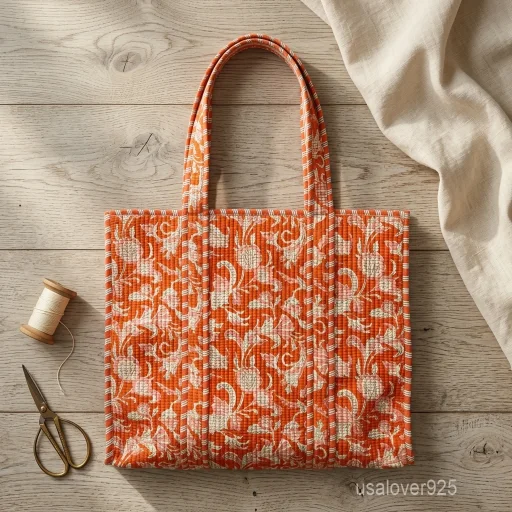 Orange Floral Quilted Cotton Tote Bag with comfortable shoulder handles showing the vibrant pink and white block print design.
