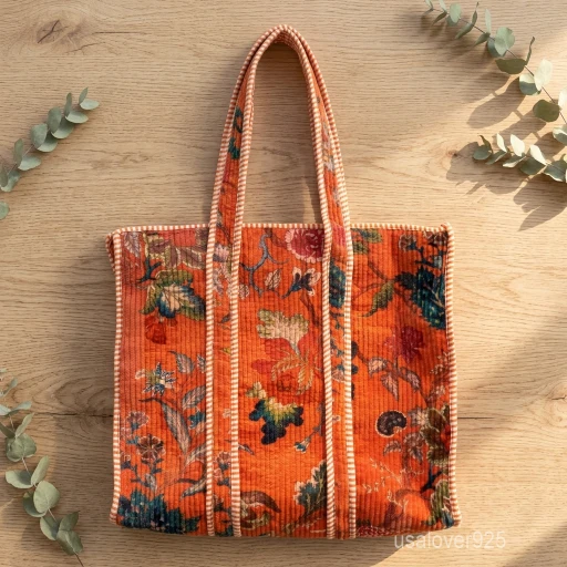 A person carrying a large Orange Floral Quilted Cotton Tote Bag comfortably over their shoulder during a casual weekend travel trip.