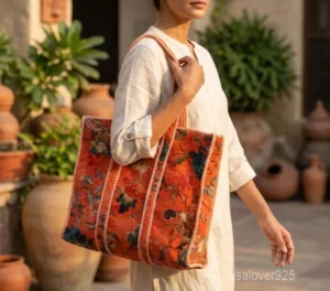 Orange Floral Quilted Cotton Tote Bag with double shoulder handles showing the vibrant botanical flower print design.