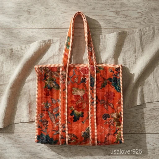 Orange Floral Quilted Cotton Tote Bag with double shoulder handles showing the vibrant botanical flower print design.