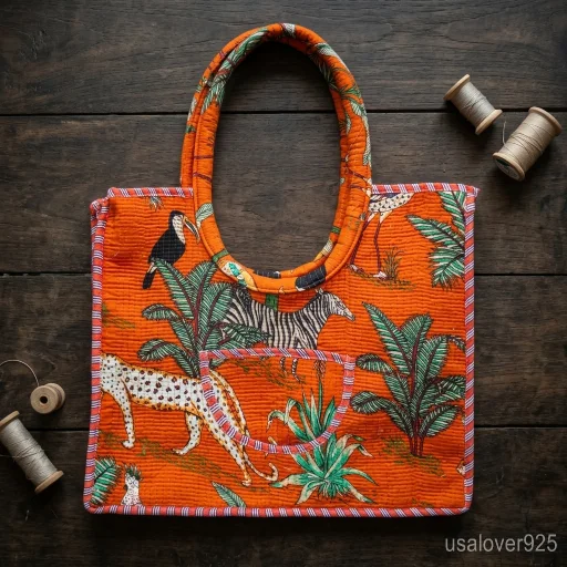 Woman carrying an Orange Jungle Print Quilted Cotton Tote Bag loaded with books and a laptop at a tropical beach.