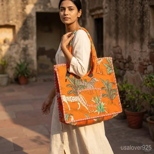 Orange Jungle Print Quilted Cotton Tote Bag with comfortable over-the-shoulder handles held against a natural background.
