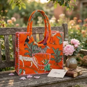 Close-up of bold orange block printing and delicate quilted stitching on an Indian ethnic travel shopper.