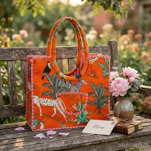 Close-up of bold orange block printing and delicate quilted stitching on an Indian ethnic travel shopper.