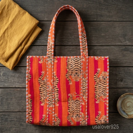 A person carrying a large Orange Quilted Cotton Tote Bag comfortably over their shoulder during a casual weekend travel trip.
