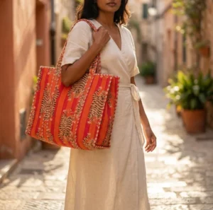 Orange Quilted Cotton Tote Bag with large shoulder handles showing the vibrant traditional handprinted artisan design.