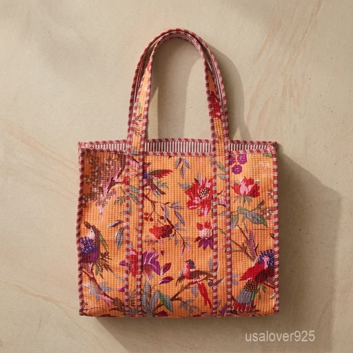 Orange Quilted Cotton Tote Bag with large shoulder handles showing the vibrant traditional handprinted artisan design.