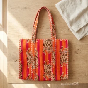 Orange Quilted Cotton Tote Bag with large shoulder handles showing the vibrant traditional handprinted artisan design.