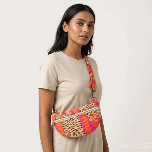 Orange Tiger Print Quilted Mini Purse with adjustable strap worn as a stylish crossbody bag.