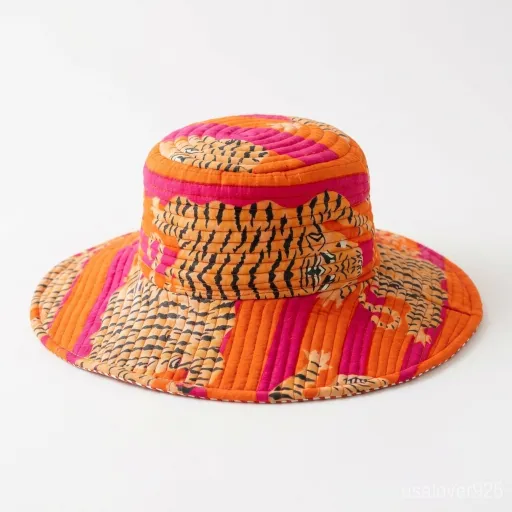 Orange Tiger Quilted Cotton Bucket Hat handmade in Jaipur for summer beach style.