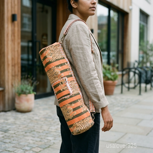 Close-up of the convenient integrated front stash pocket, top closure system, and premium quilted stitching on a tiger print cotton yoga bag.