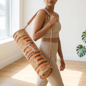 Orange Tiger Quilted Cotton Yoga Mat Bag with an adjustable shoulder strap showing the bold animal print pattern.