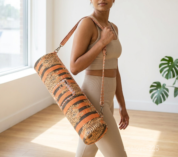 Orange Tiger Quilted Cotton Yoga Mat Bag with an adjustable shoulder strap showing the bold animal print pattern.