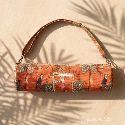 Woman walking to a workout studio carrying an Orange Toucan Jungle Print Quilted Cotton Yoga Mat Bag comfortably as a crossbody sling.