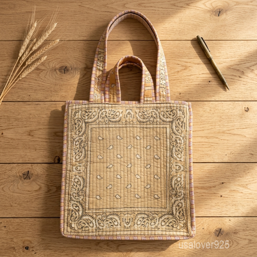 A person walking outdoors holding a Red Paisley Bandana Quilted Kantha Tote Bag comfortably over their shoulder as a casual handbag.