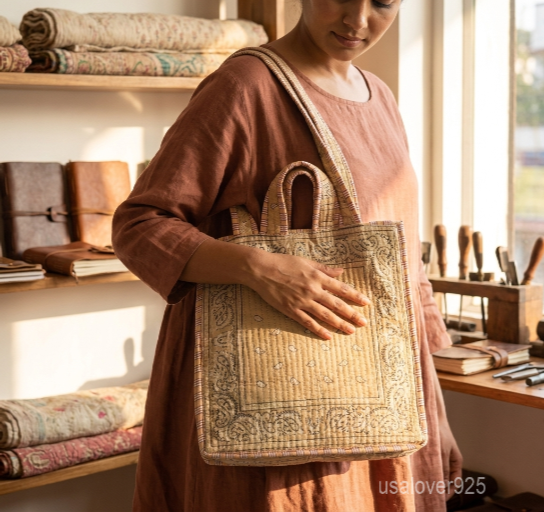 Paisley Bandana Quilted Kantha Tote Bag with double handle shoulder straps showing the white paisley print on a vibrant red background.
