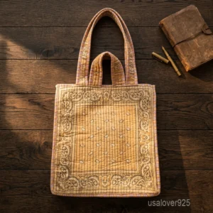 Paisley Bandana Quilted Kantha Tote Bag with double handle shoulder straps showing the white paisley print on a vibrant red background.