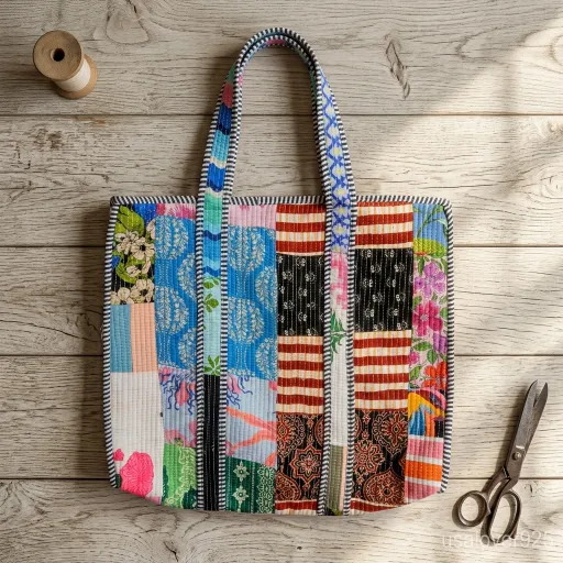 Woman walking through an outdoor market carrying an extra large Patchwork Quilted Cotton Tote Bag packed with a laptop and travel essentials.