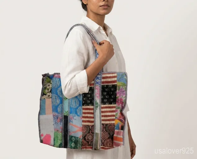 Patchwork Quilted Cotton Tote Bag with comfortable handles featuring a multi-color bohemian block print layout.